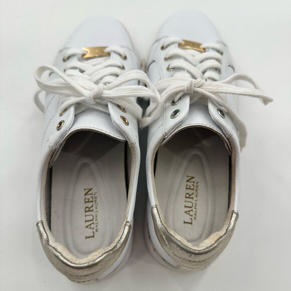 Lauren Ralph Lauren White Angeline IV Action Leather Sneakers Gold Accents Sz 9